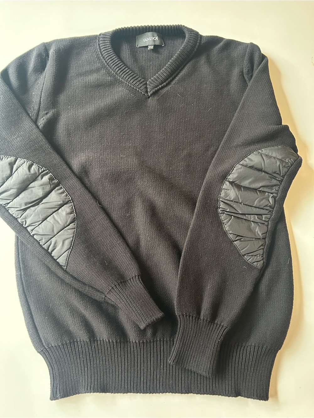 Duvetica Black V-Neck Sweater with Quilted Elbow Patches